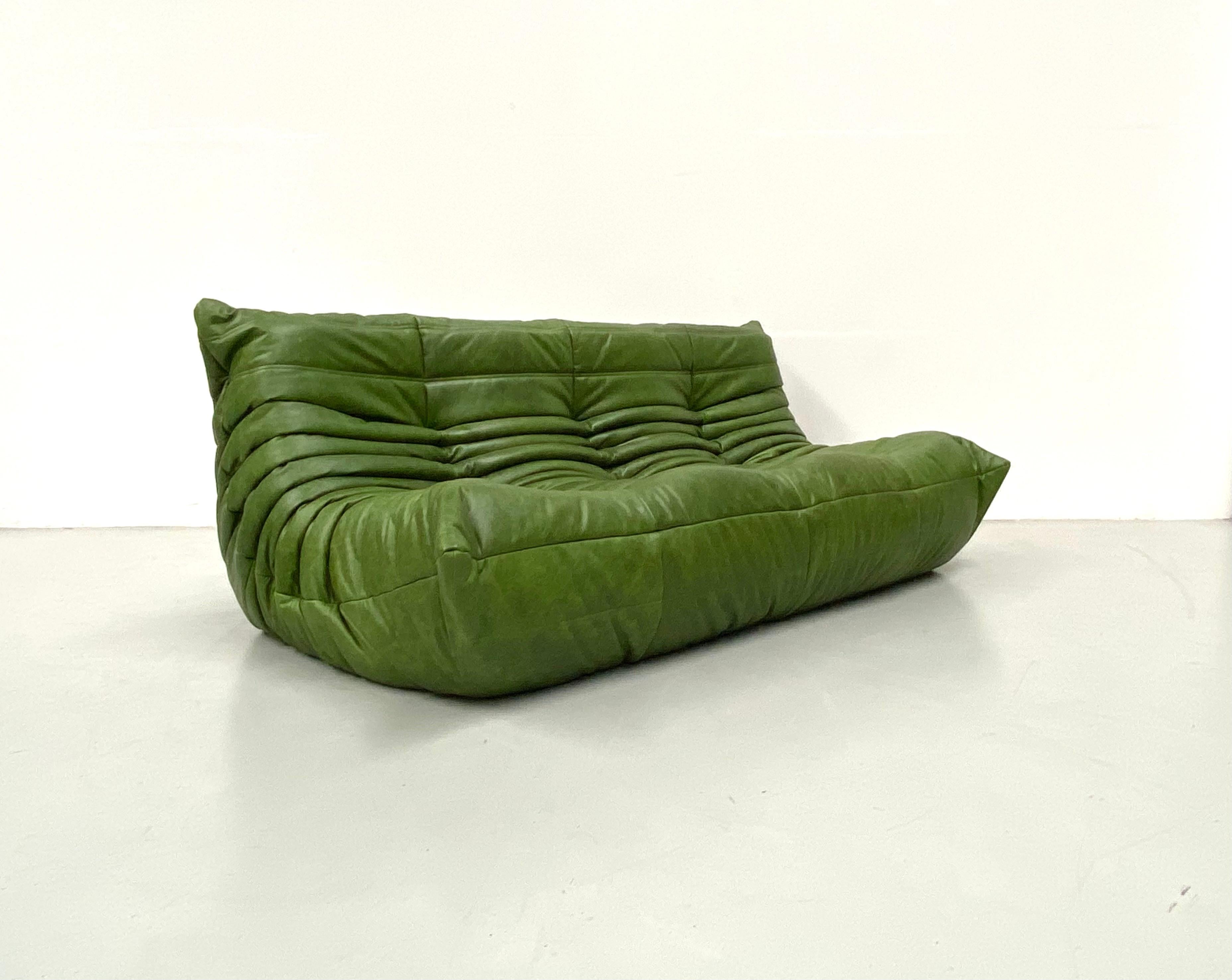 Vintage French Togo Sofa in Forest Green Leather by M. Ducaroy for