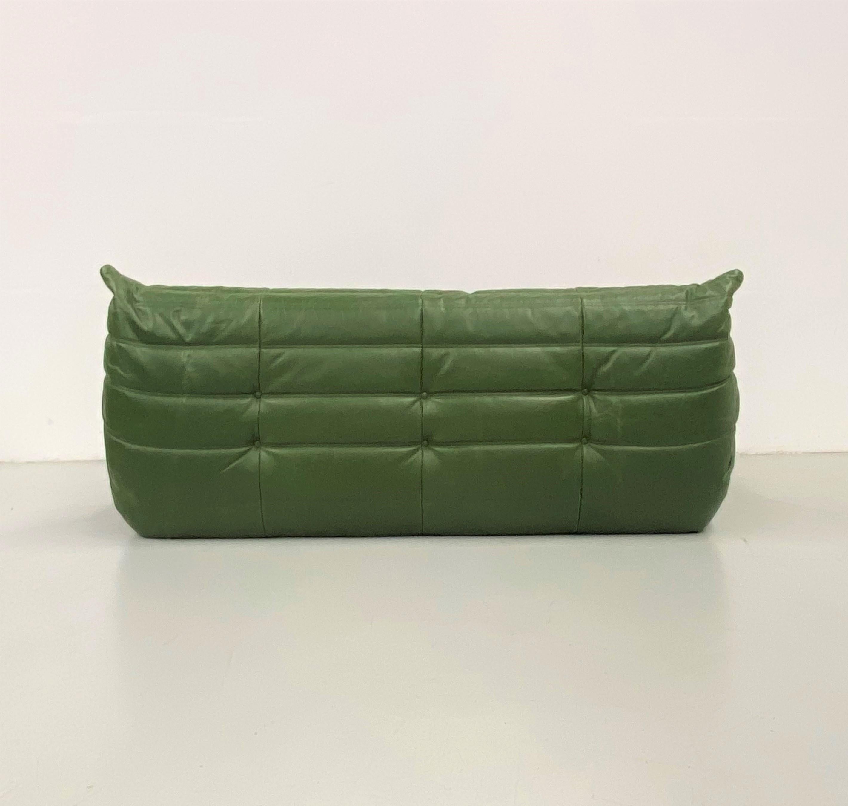 20th Century Vintage French Togo Sofa in Forest Green Leather by M. Ducaroy for Ligne Roset