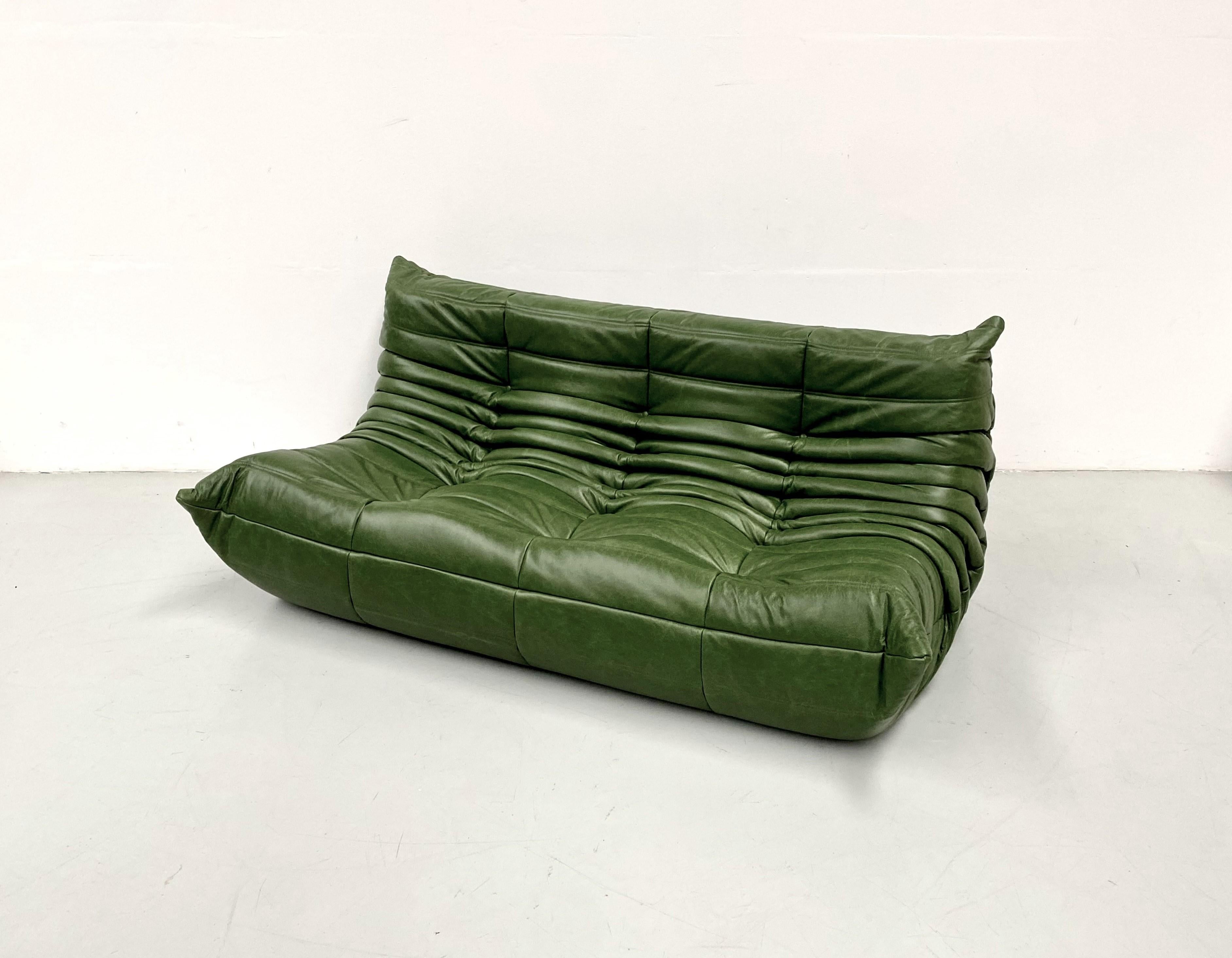 20th Century Vintage French Togo Sofa in Forest Green Leather by M. Ducaroy for Ligne Roset