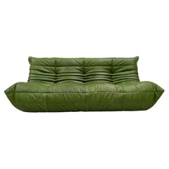Vintage French Togo Sofa in Forest Green Leather by M. Ducaroy for Ligne Roset.