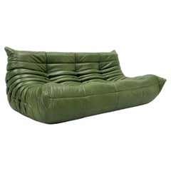Vintage French Togo Sofa in Forest Green Leather by M. Ducaroy for Ligne Roset.