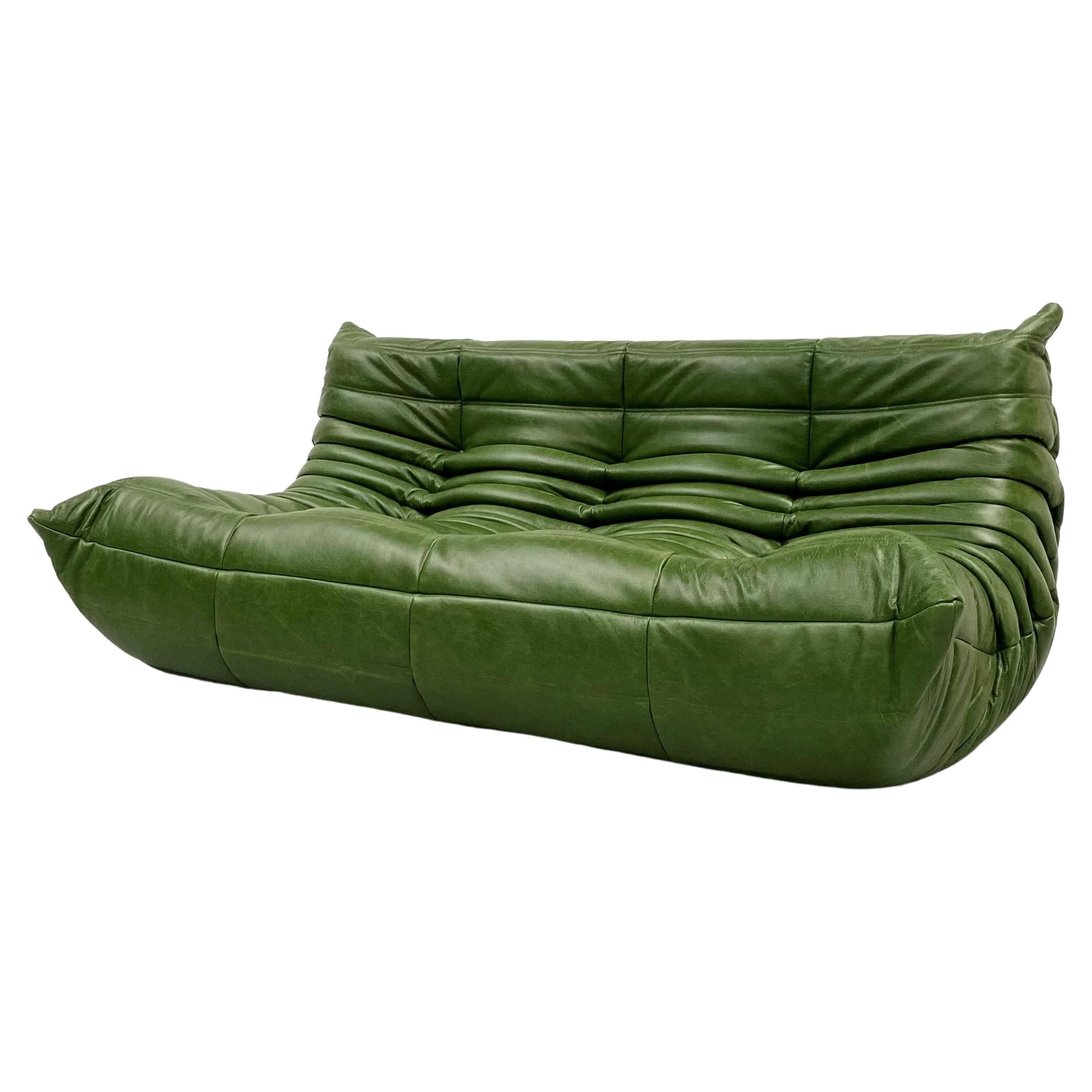 Vintage French Togo Sofa in Forest Green Leather by M. Ducaroy for Ligne Roset