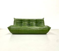 Französisches Togo-Sofa aus grünem Leder von Michel Ducaroy für Ligne Roset