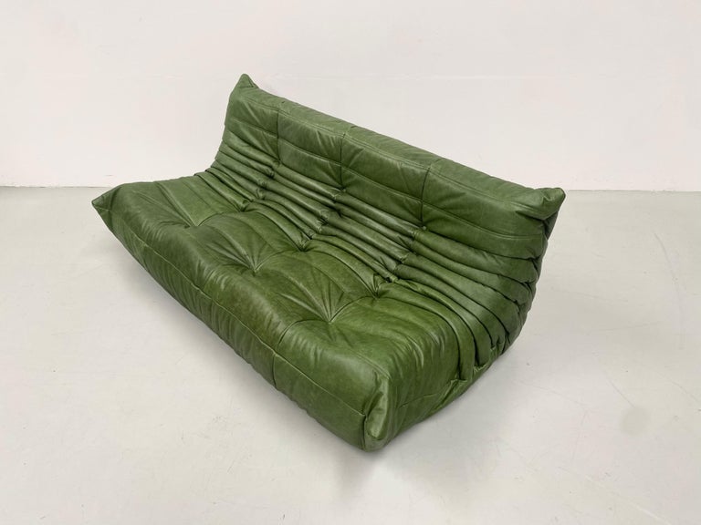 Danish Vintage French Togo Sofa in Green Leather by Michel Ducaroy for Ligne Roset