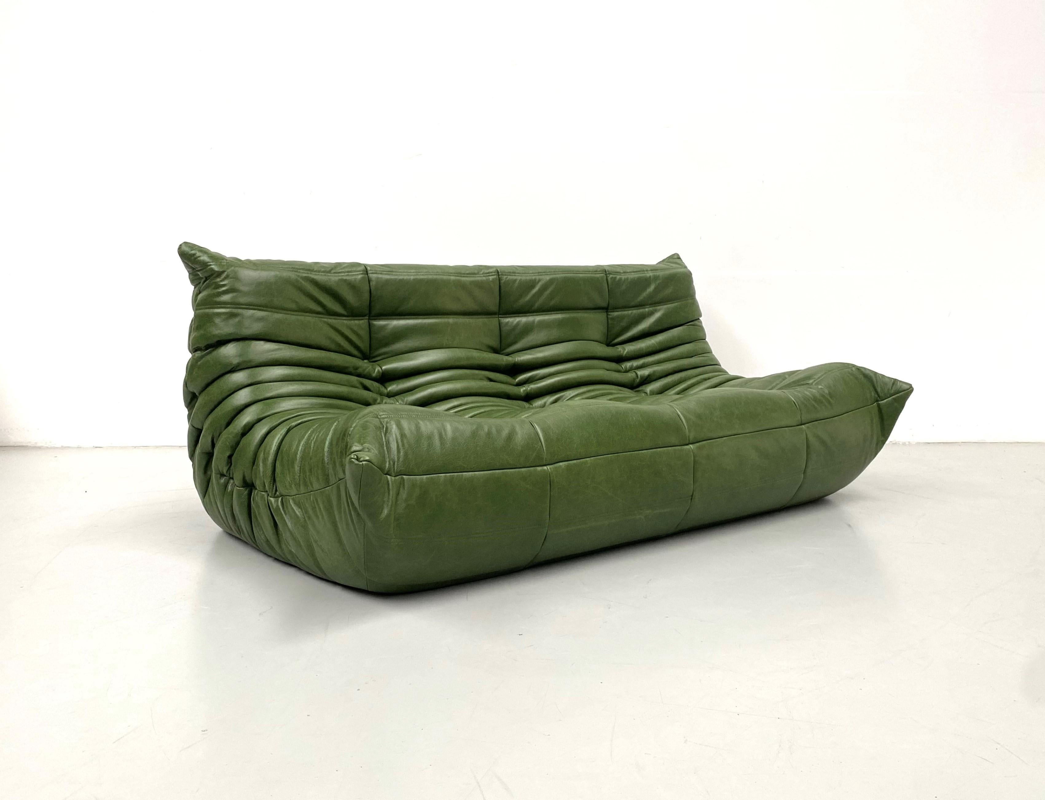 Mid-Century Modern Vintage French Togo Sofa in Green Leather by Michel Ducaroy for Ligne Roset