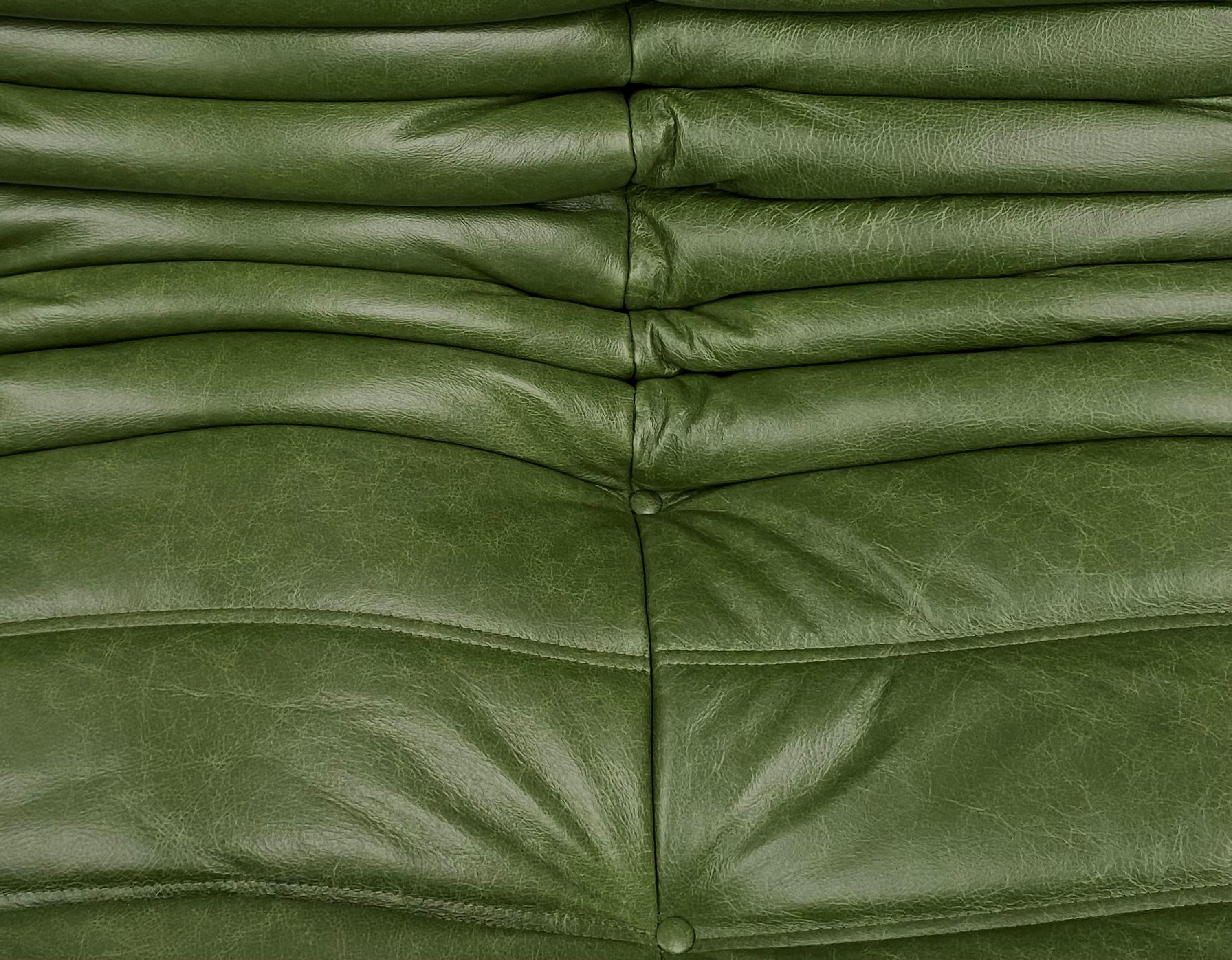 Vintage French Togo Sofa in Green Leather by Michel Ducaroy for Ligne Roset 1