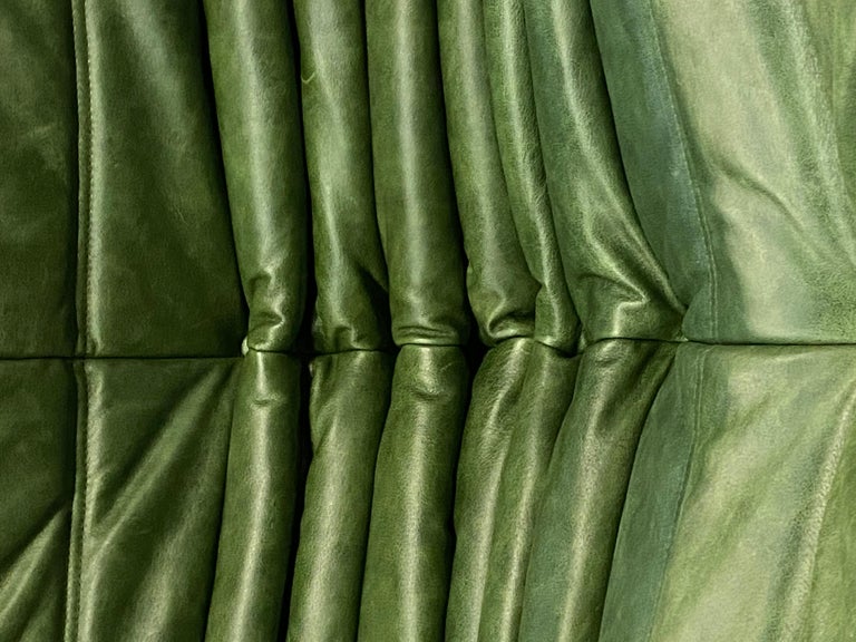 Vintage French Togo Sofa in Green Leather by Michel Ducaroy for Ligne Roset 2