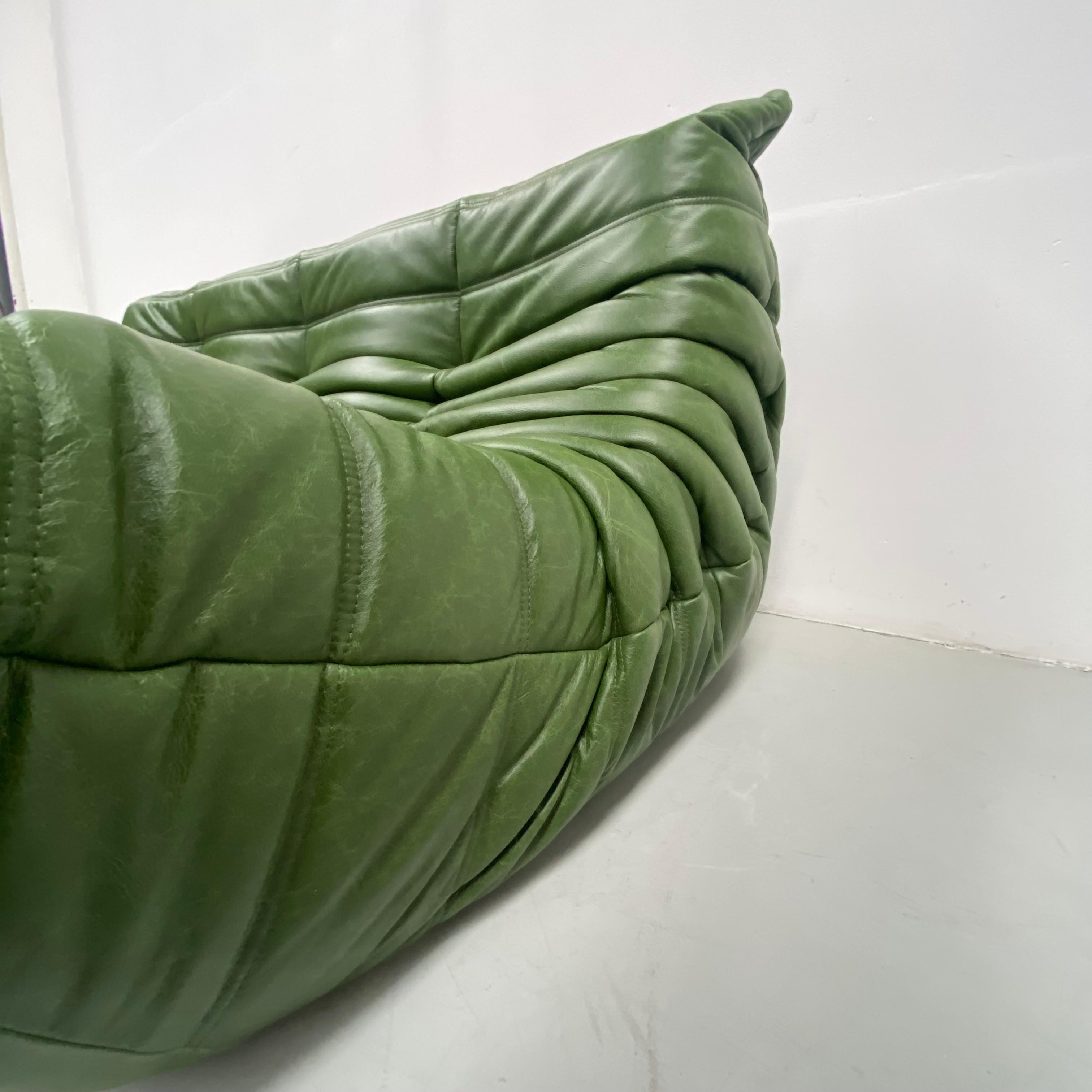 Polystyrene Vintage French Togo Sofa in Green Leather by Michel Ducaroy for Ligne Roset