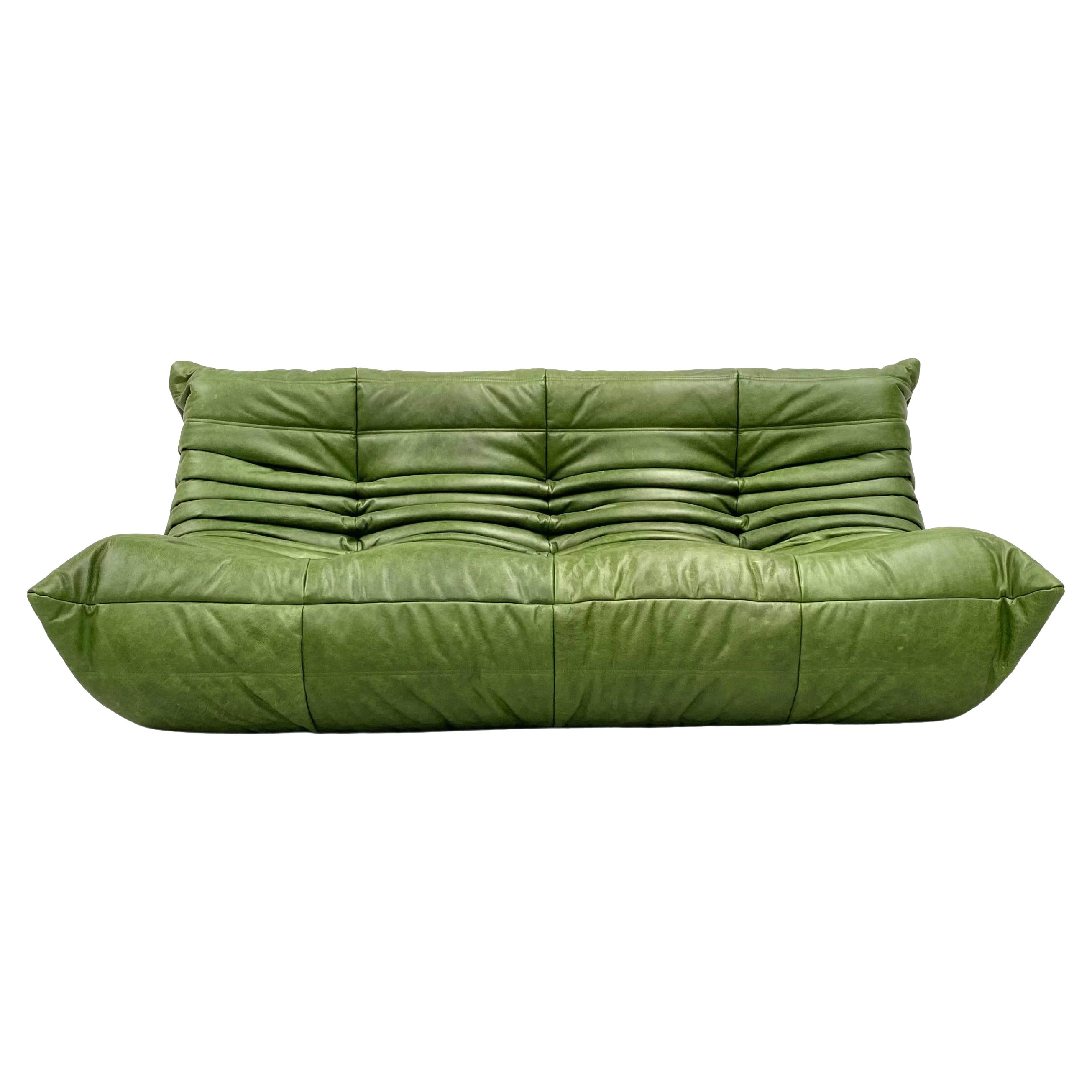 Vintage French Togo Sofa in Green Leather by Michel Ducaroy for Ligne Roset