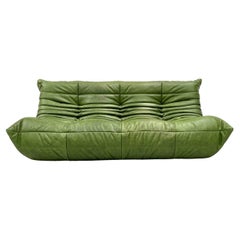 Vintage French Togo Sofa in Green Leather by Michel Ducaroy for Ligne Roset