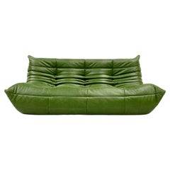 Vintage French Togo Sofa in Green Leather by Michel Ducaroy for Ligne Roset