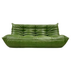 Vintage French Togo Sofa in Green Leather by Michel Ducaroy for Ligne Roset