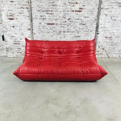 Vintage French Togo Sofa in Indian Red Leather by Michel Ducaroy for Ligne Roset