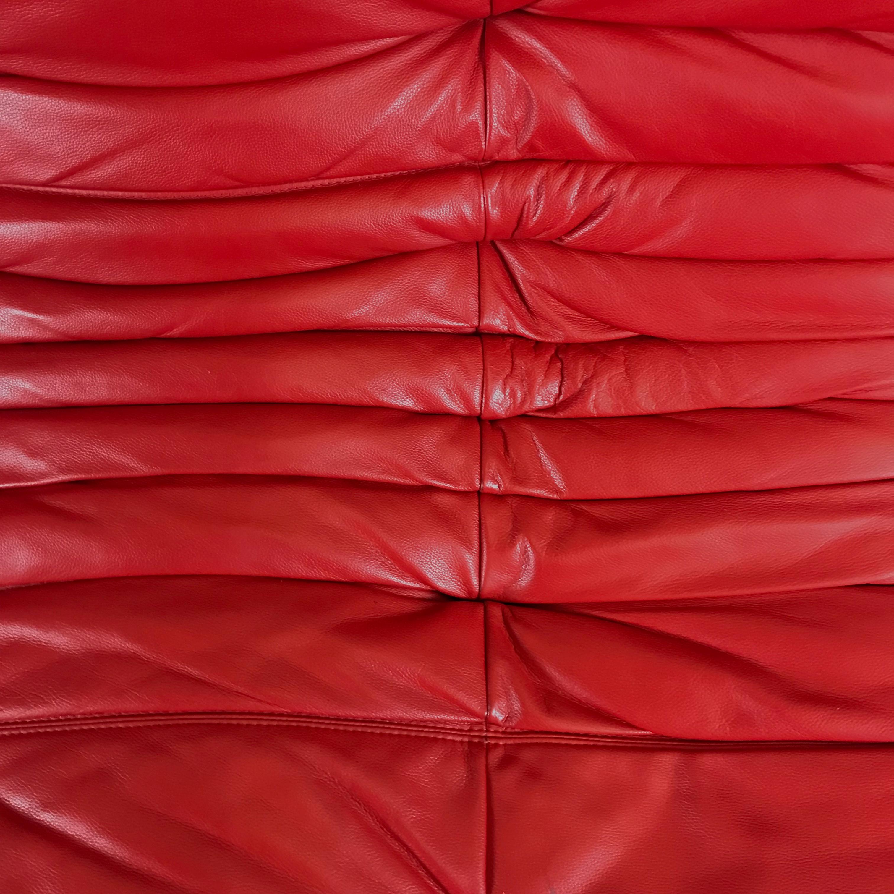Mid-Century Modern Vintage French Togo Sofa in Indian Red Leather by Michel Ducaroy for Ligne Roset