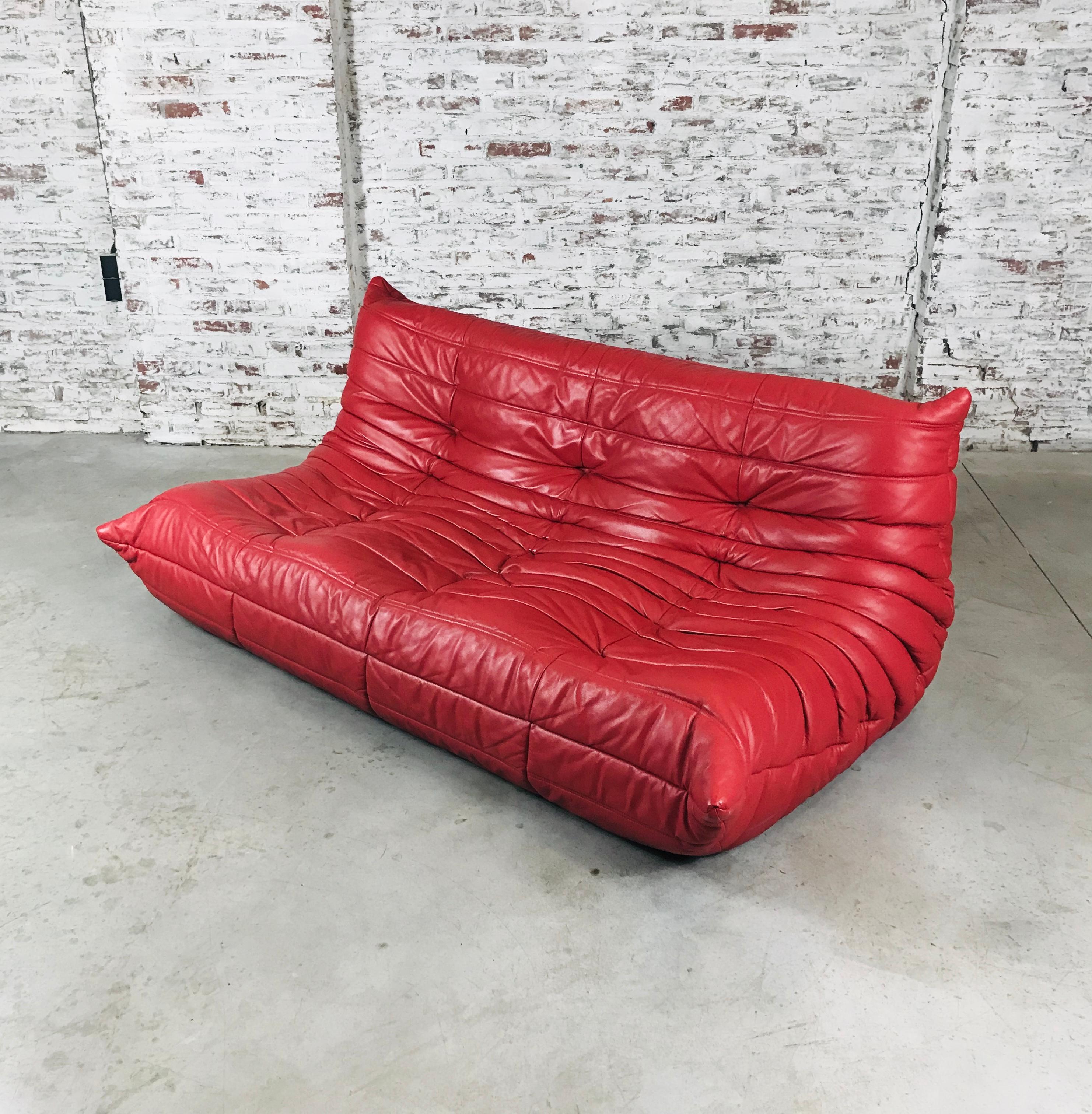 Late 20th Century Vintage French Togo Sofa in Indian Red Leather by Michel Ducaroy for Ligne Roset