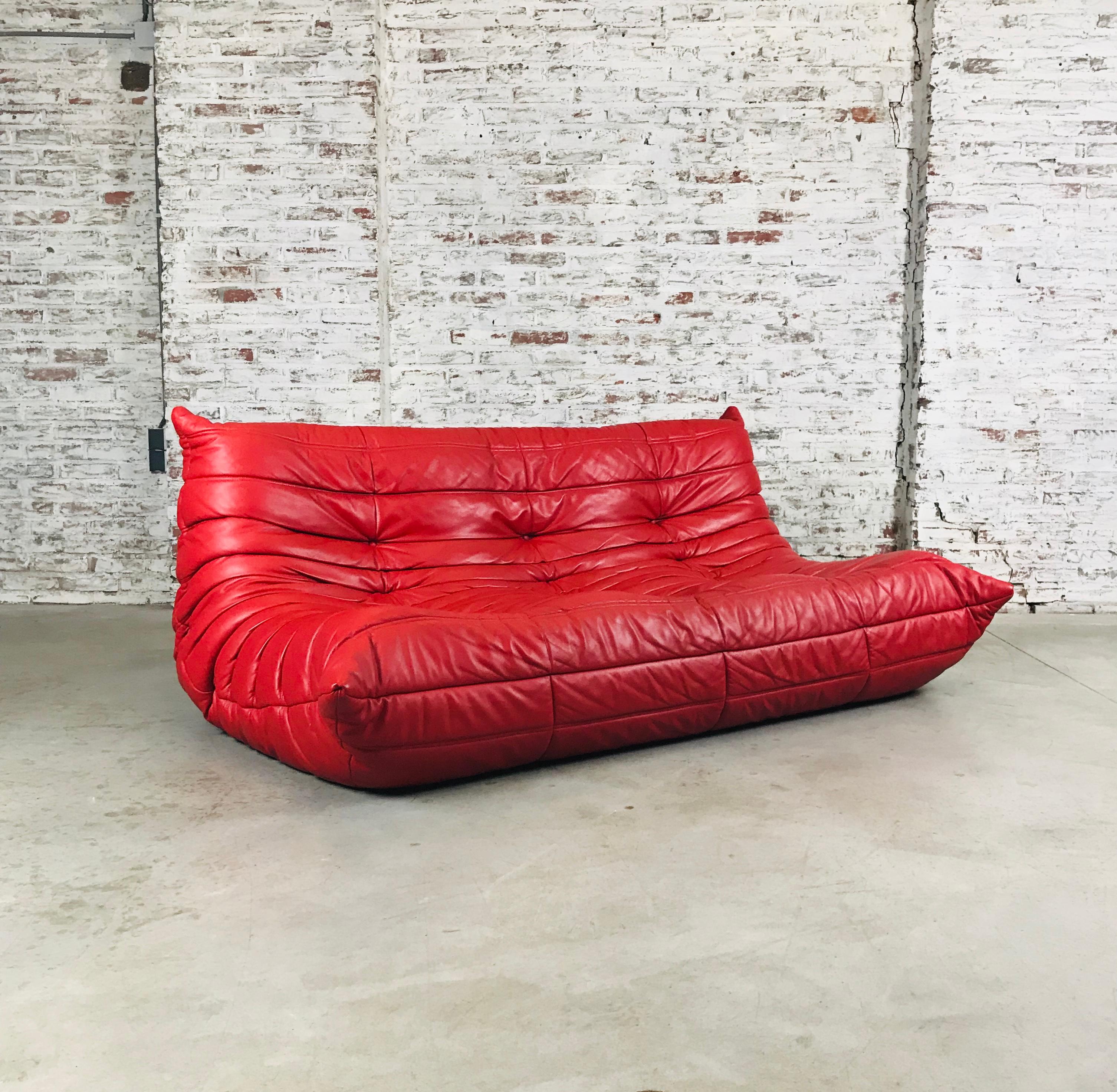 Vintage French Togo Sofa in Indian Red Leather by Michel Ducaroy for Ligne Roset 1