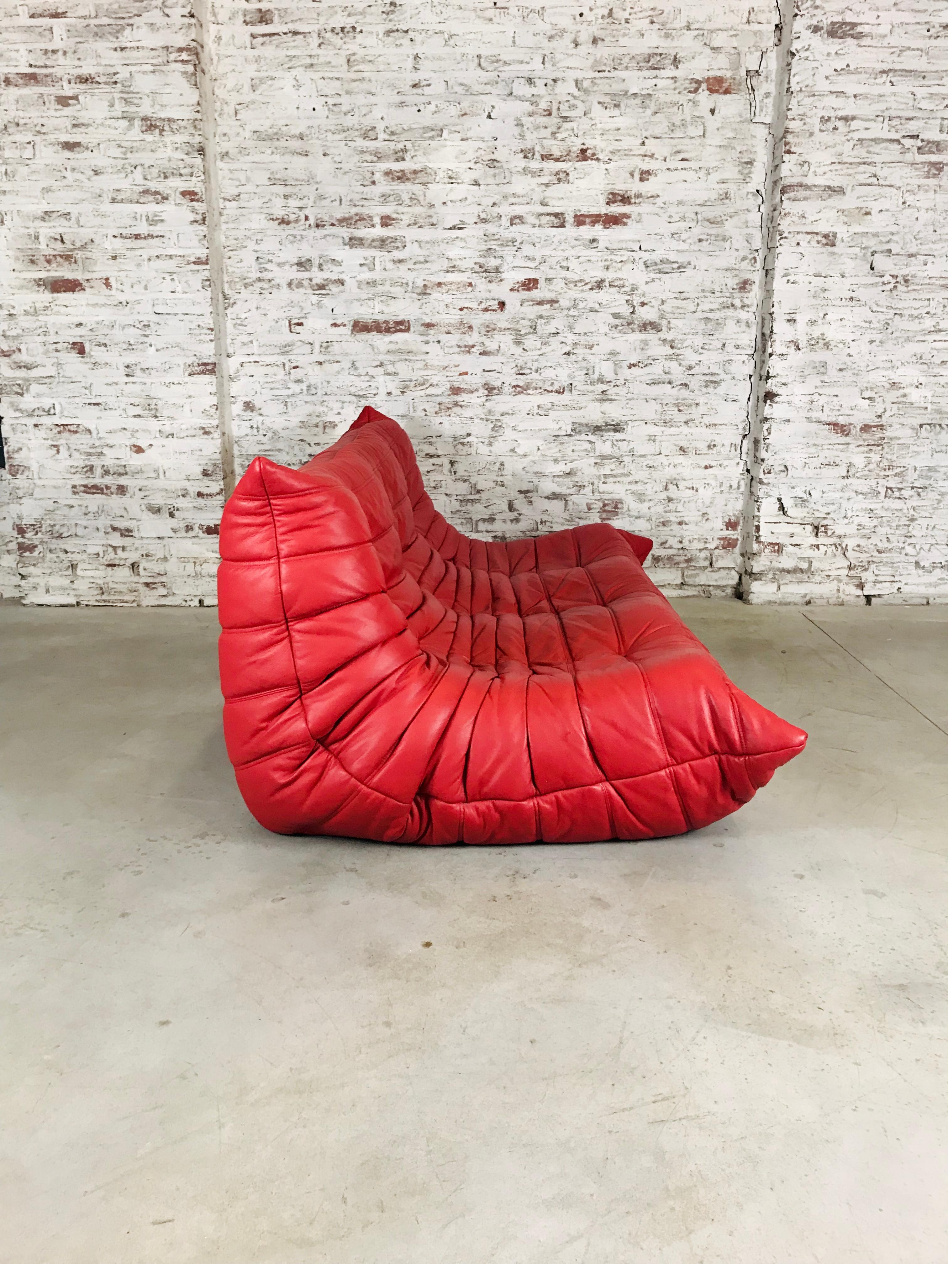 Vintage French Togo Sofa in Indian Red Leather by Michel Ducaroy for Ligne Roset 2