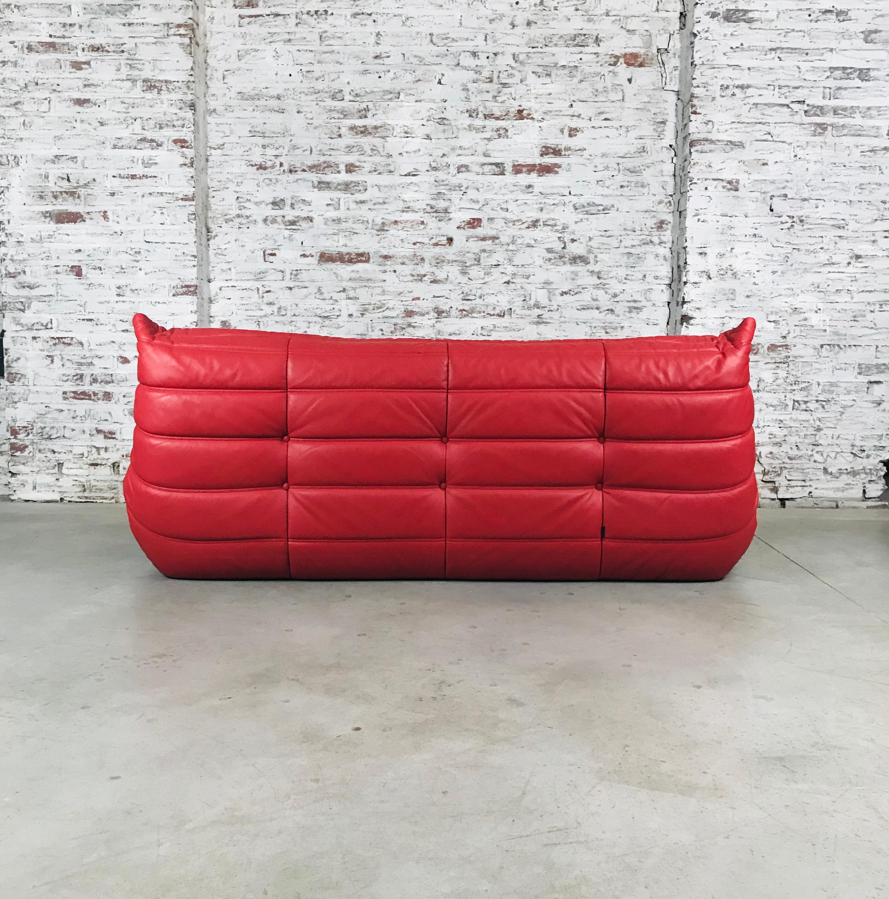 Vintage French Togo Sofa in Indian Red Leather by Michel Ducaroy for Ligne Roset 3