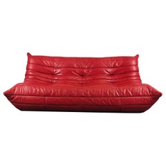Vintage French Togo Sofa in Indian Red Leather by Michel Ducaroy for Ligne Roset