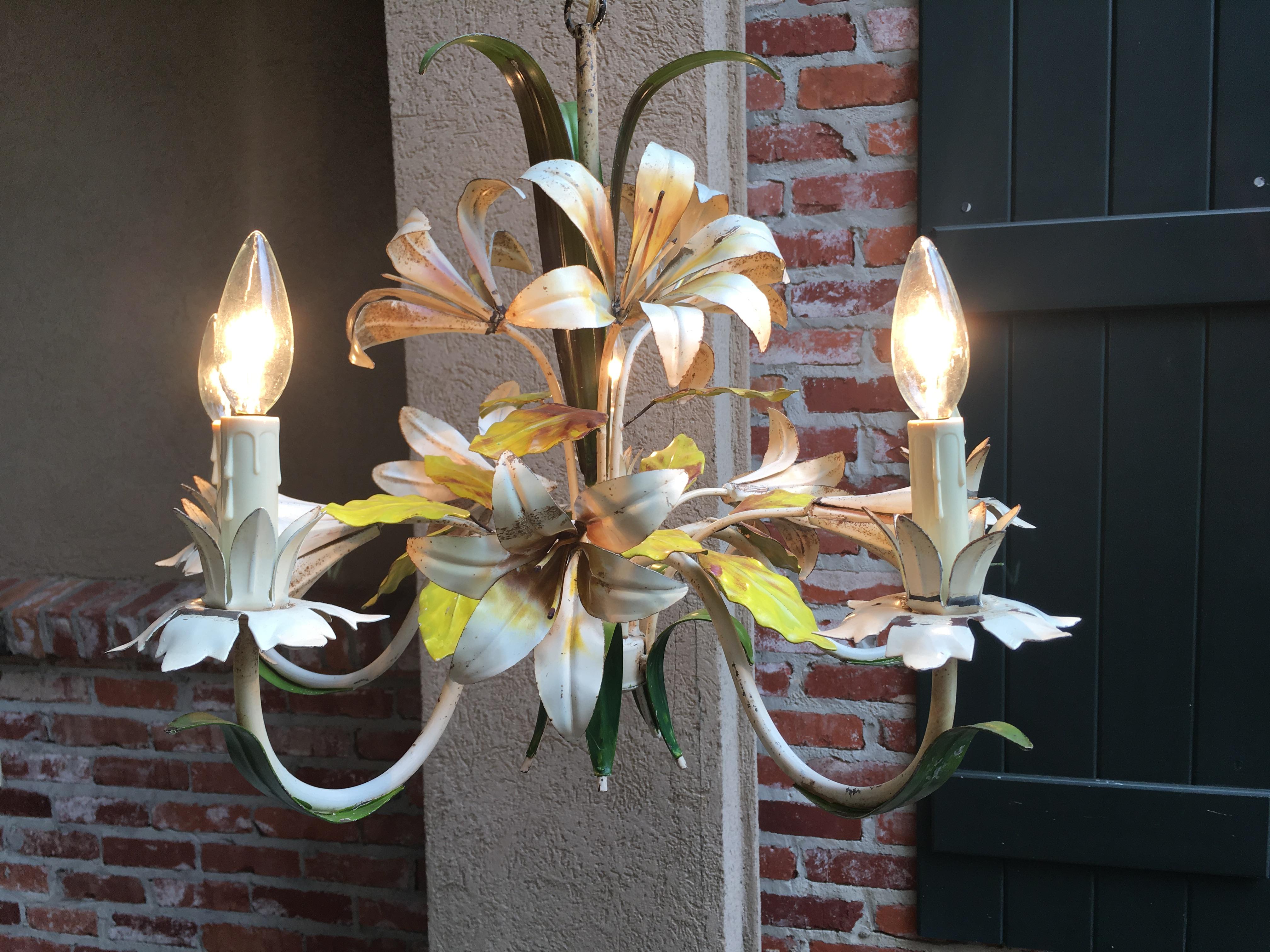 Vintage French Tole Flower Chandelier Light Fixture 5 Lamp Lily Metal Toleware 3