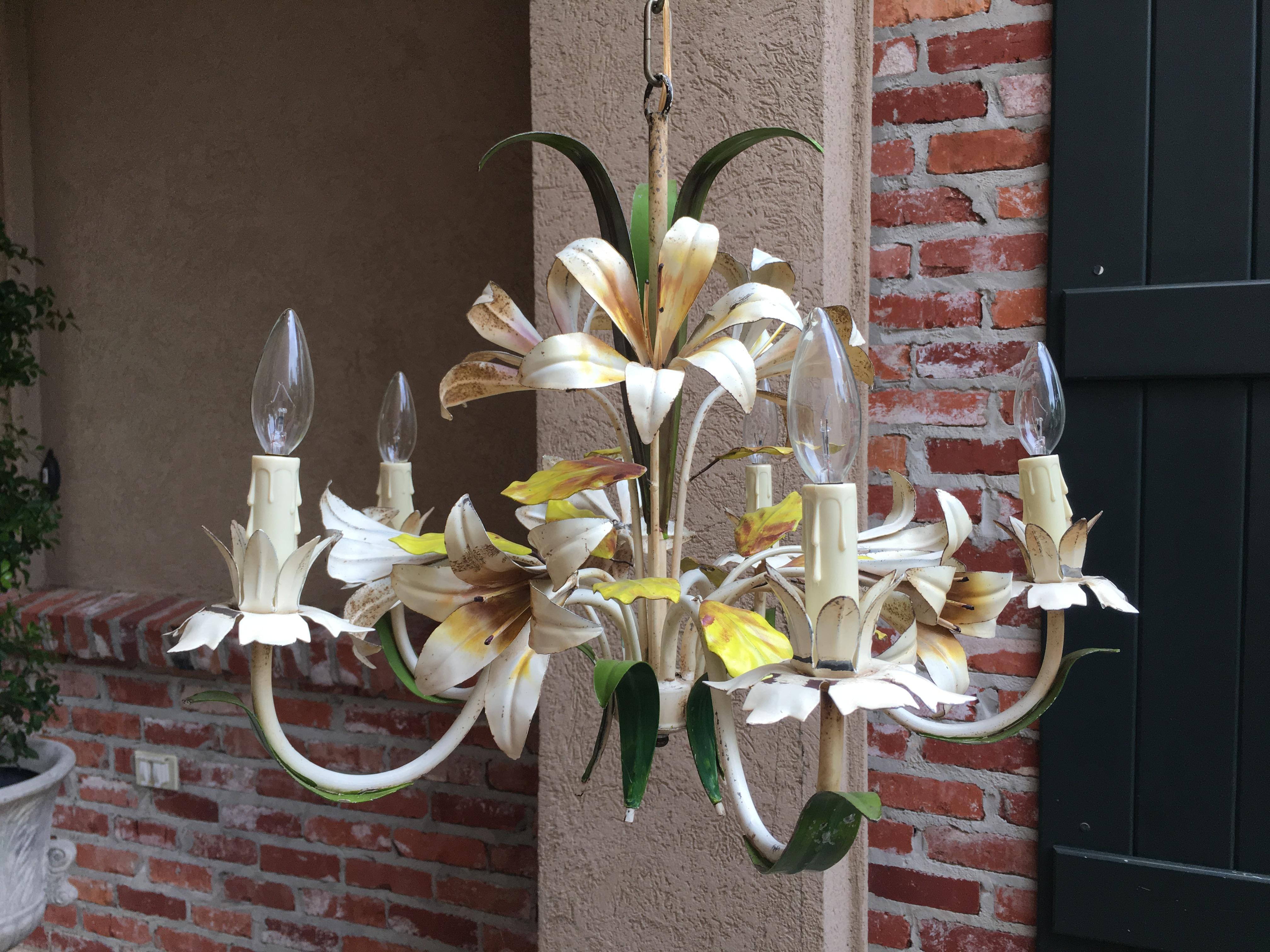 ~Direct from France, another gorgeous antique French chandelier from our most recent container, and look at the stunning color and the extraordinary details!~
~Yellow, brown, off white on the flowers and green foliage, all remaining very vibrant