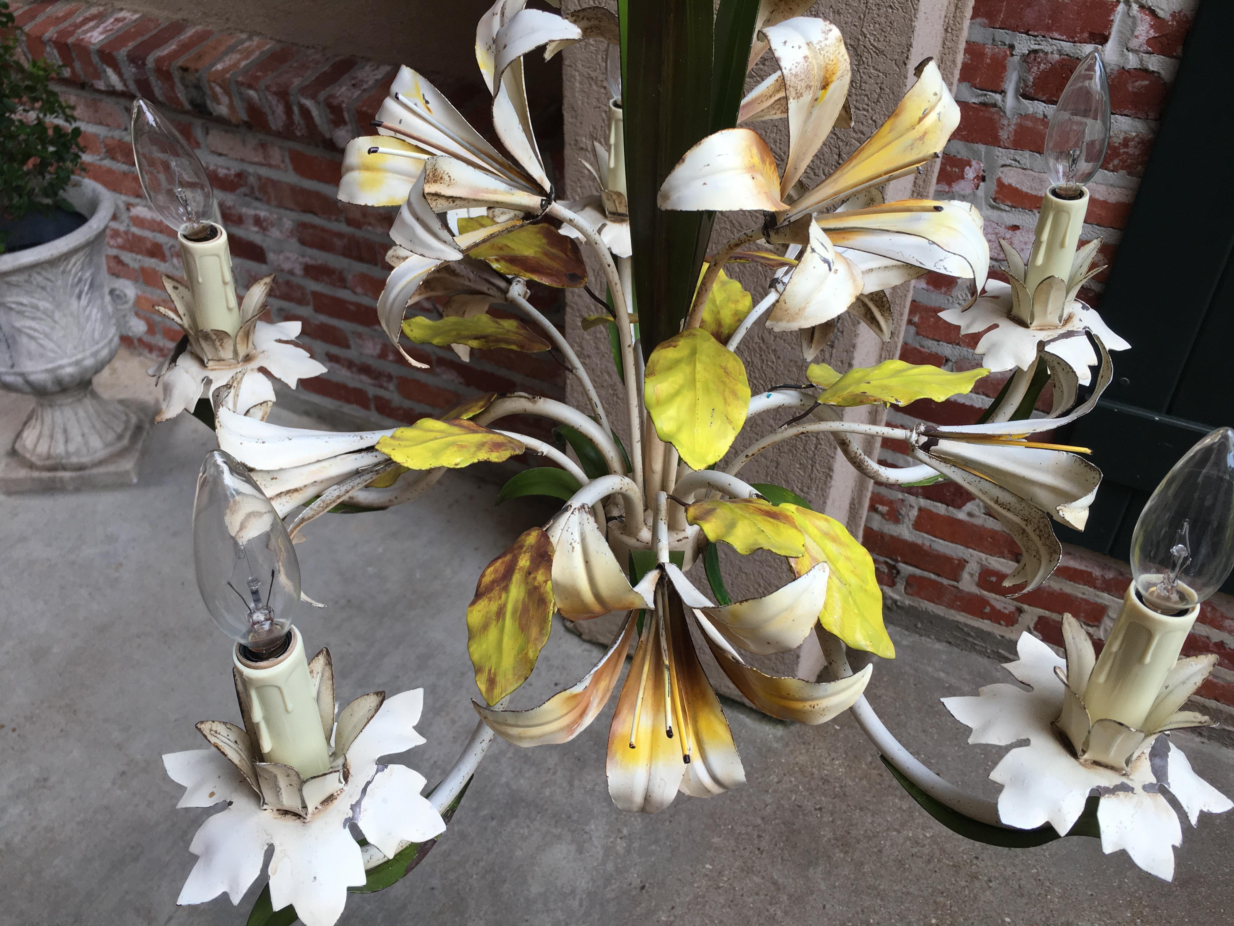 Polychromed Vintage French Tole Flower Chandelier Light Fixture 5 Lamp Lily Metal Toleware