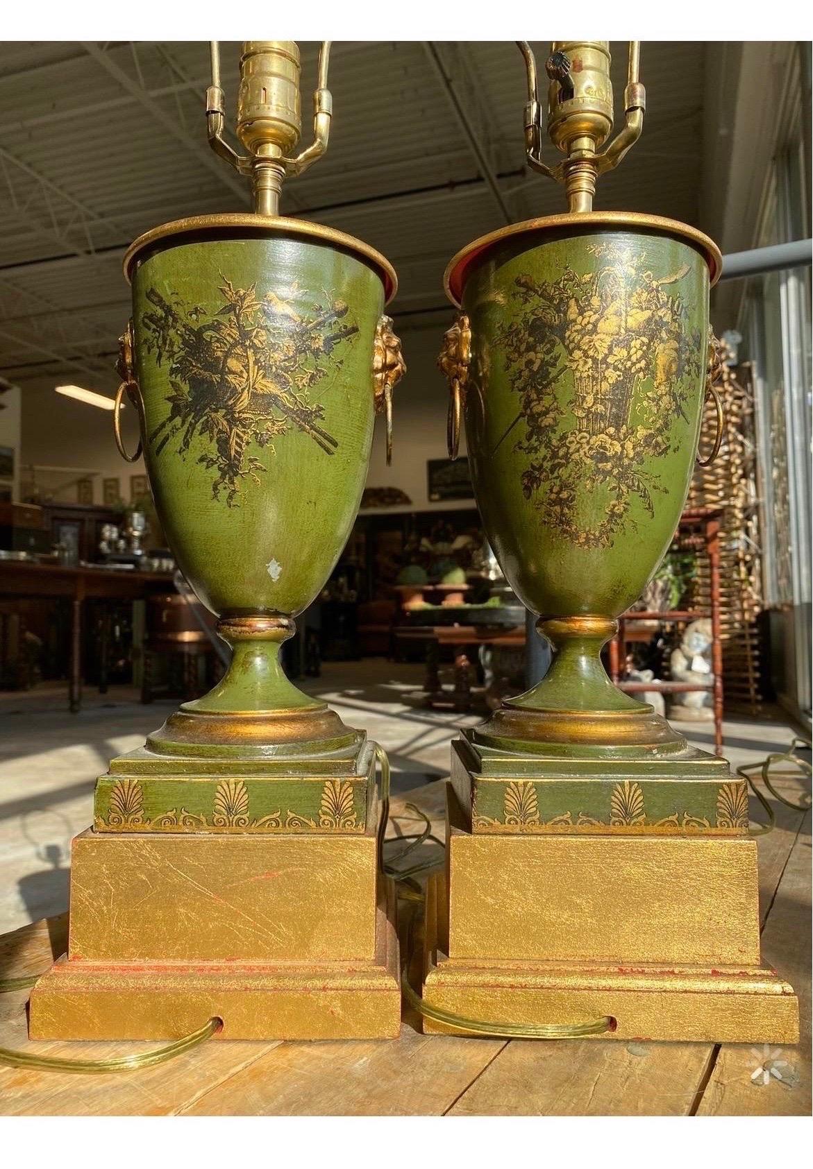 Vintage French Tole Hunting Urns Converted Into Table Lamps - a Pair For Sale 1