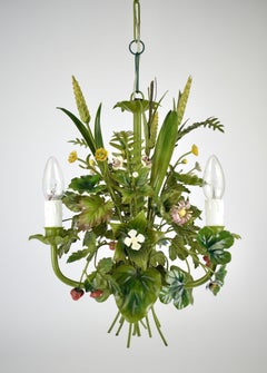 Vintage French Toleware Chandelier Flower Bouquet Green, 1960s