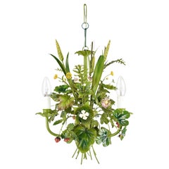 Vintage French Toleware Chandelier Flower Bouquet Green, 1960s