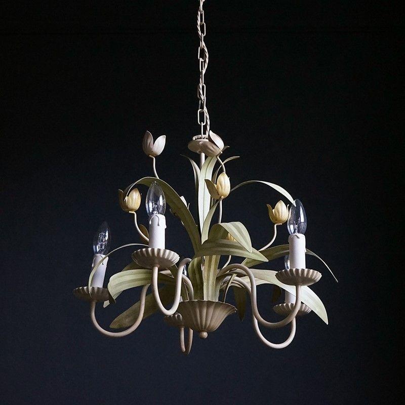 Vintage ‘Tole Peinte’ floral five branch pendant chandelier

Beautifully painted in pastel shades.

Probably dating from the 1950s/1960s period.

It has been completely rewired and safety tested by our professional electrician. Cosmetically it