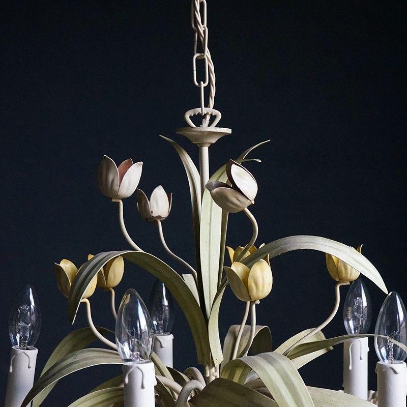 Painted Vintage French Toleware Tulip Pendant Chandelier