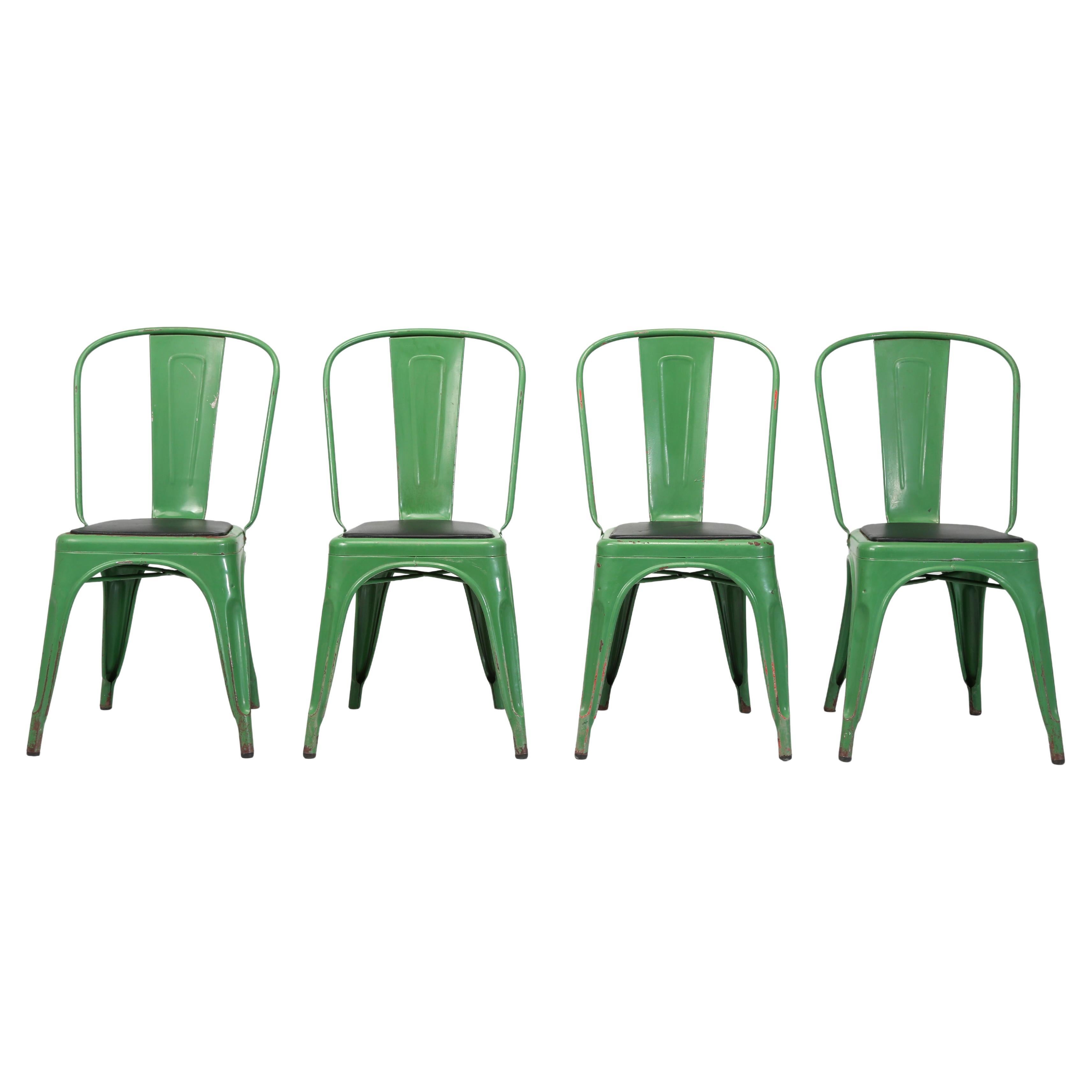 Vintage French Tolix Romarin Green Stacking Chairs Black Vinyl Seats Set of (4)