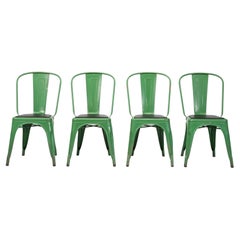 Vintage French Tolix Romarin Green Stacking Chairs Black Vinyl Seats Set of (4)