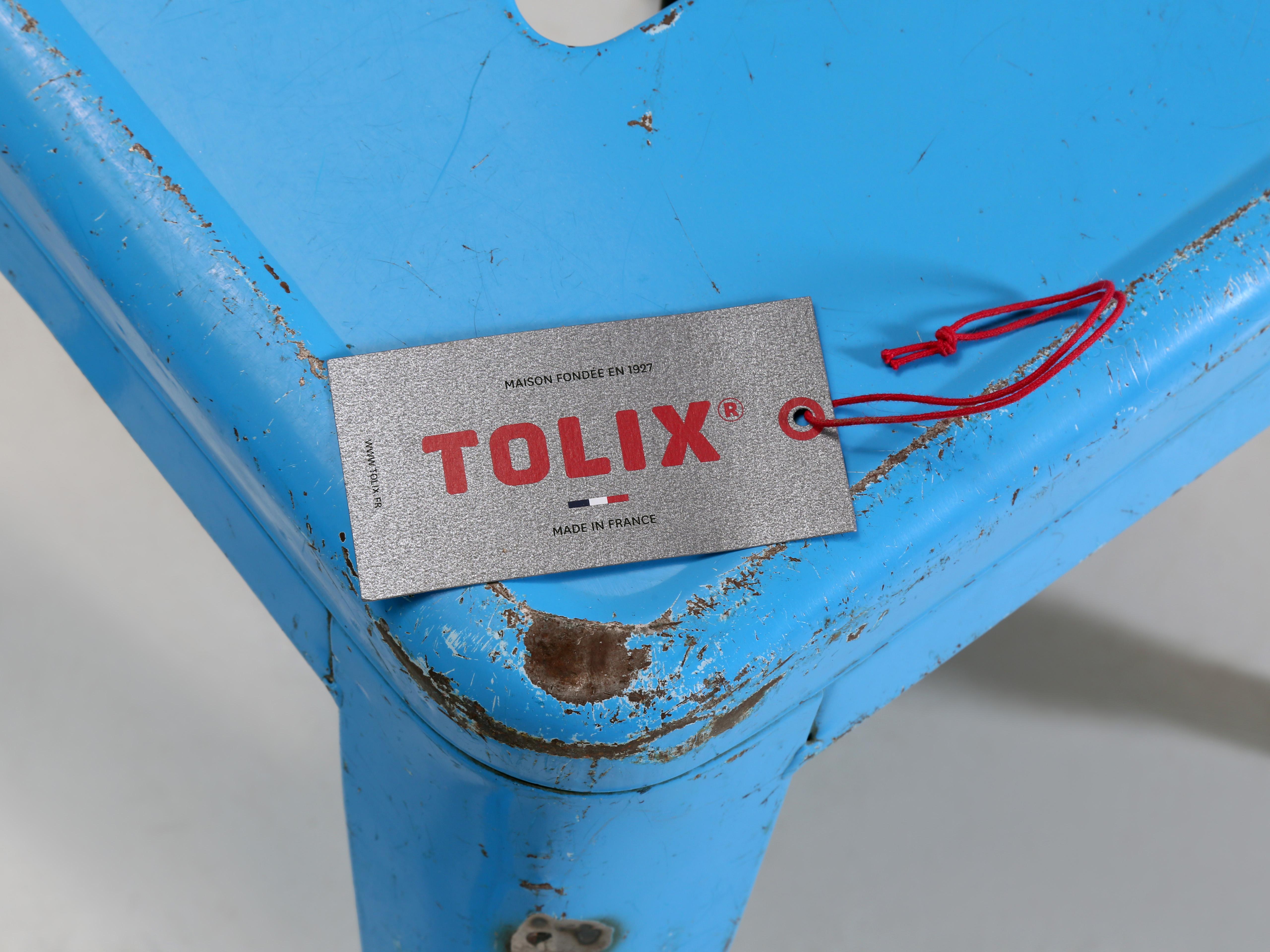 Vintage French Tolix Set of (4) Dining Table Height Stools in Distressed  Paint For Sale 3