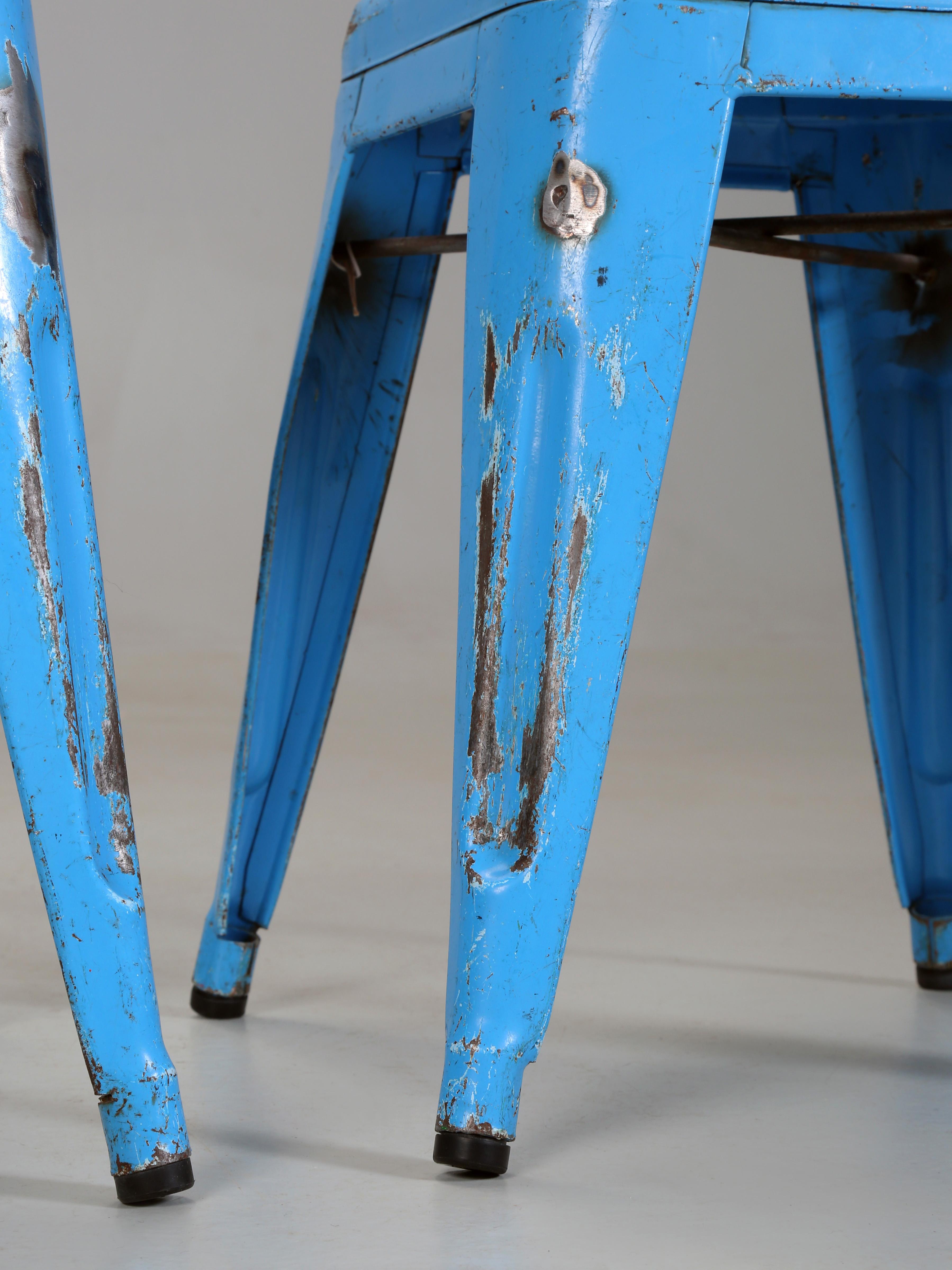 Steel Vintage French Tolix Set of (4) Dining Table Height Stools in Distressed  Paint For Sale