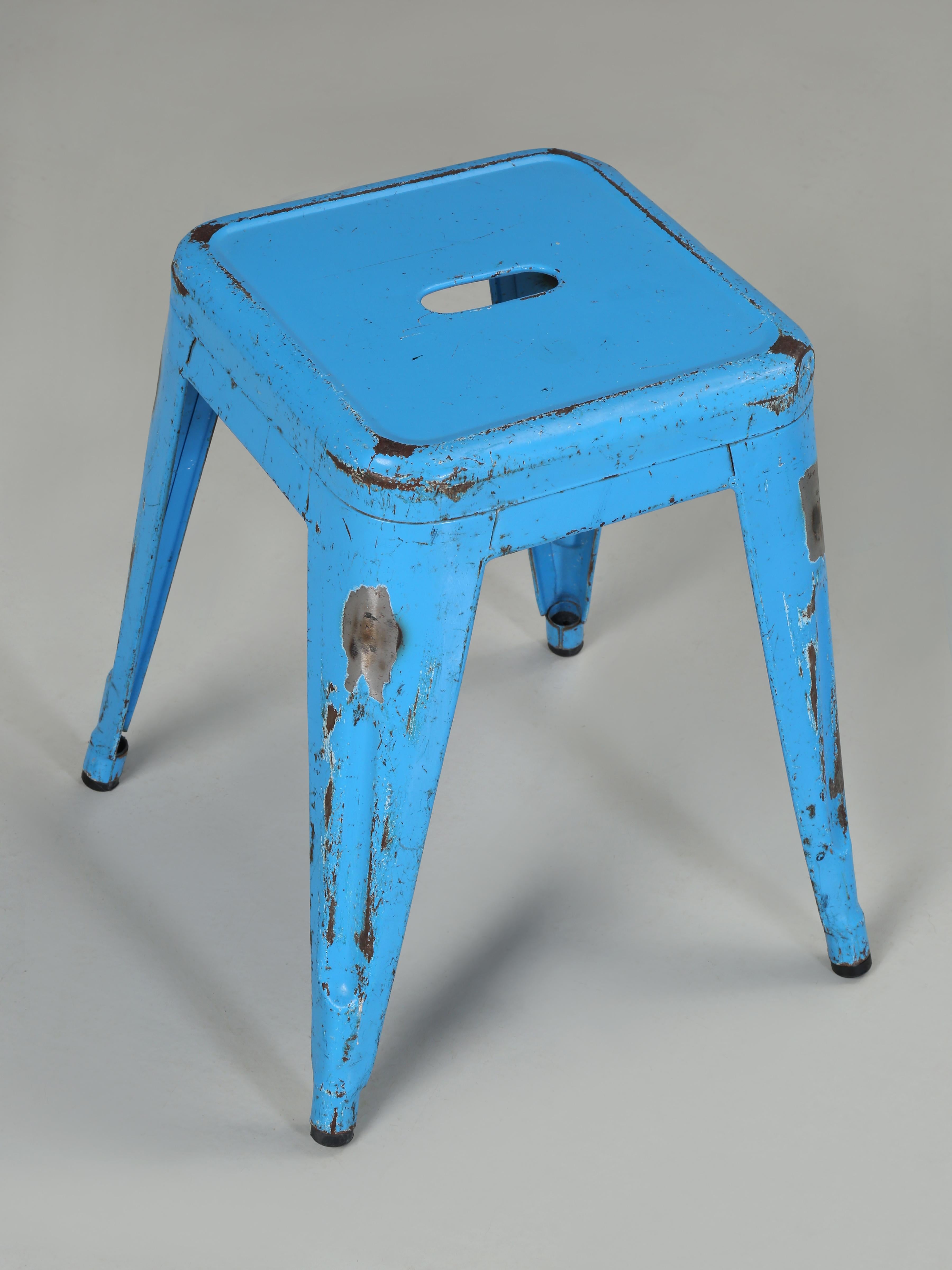 Vintage French Tolix Set of (4) Dining Table Height Stools in Distressed  Paint For Sale 2