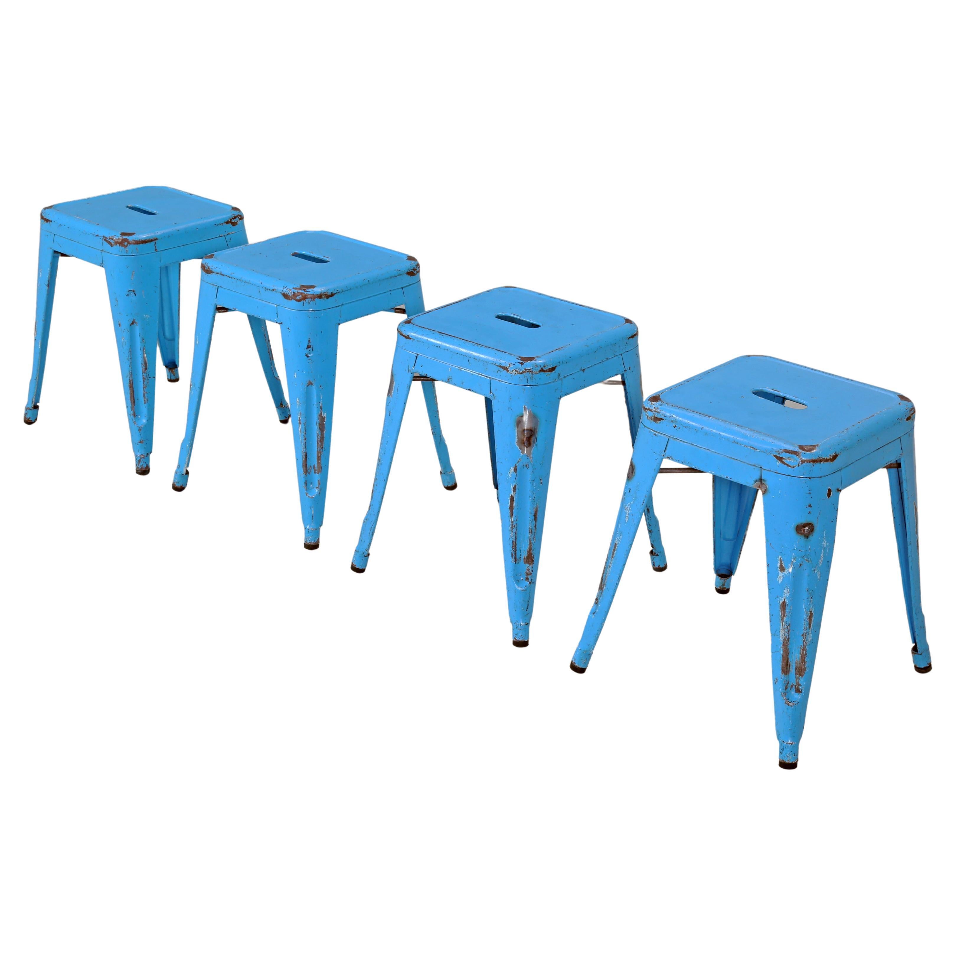 Vintage French Tolix Set of (4) Dining Table Height Stools in Distressed  Paint For Sale