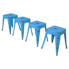 Vintage French Tolix Set of (4) Dining Table Height Stools in Distressed  Paint