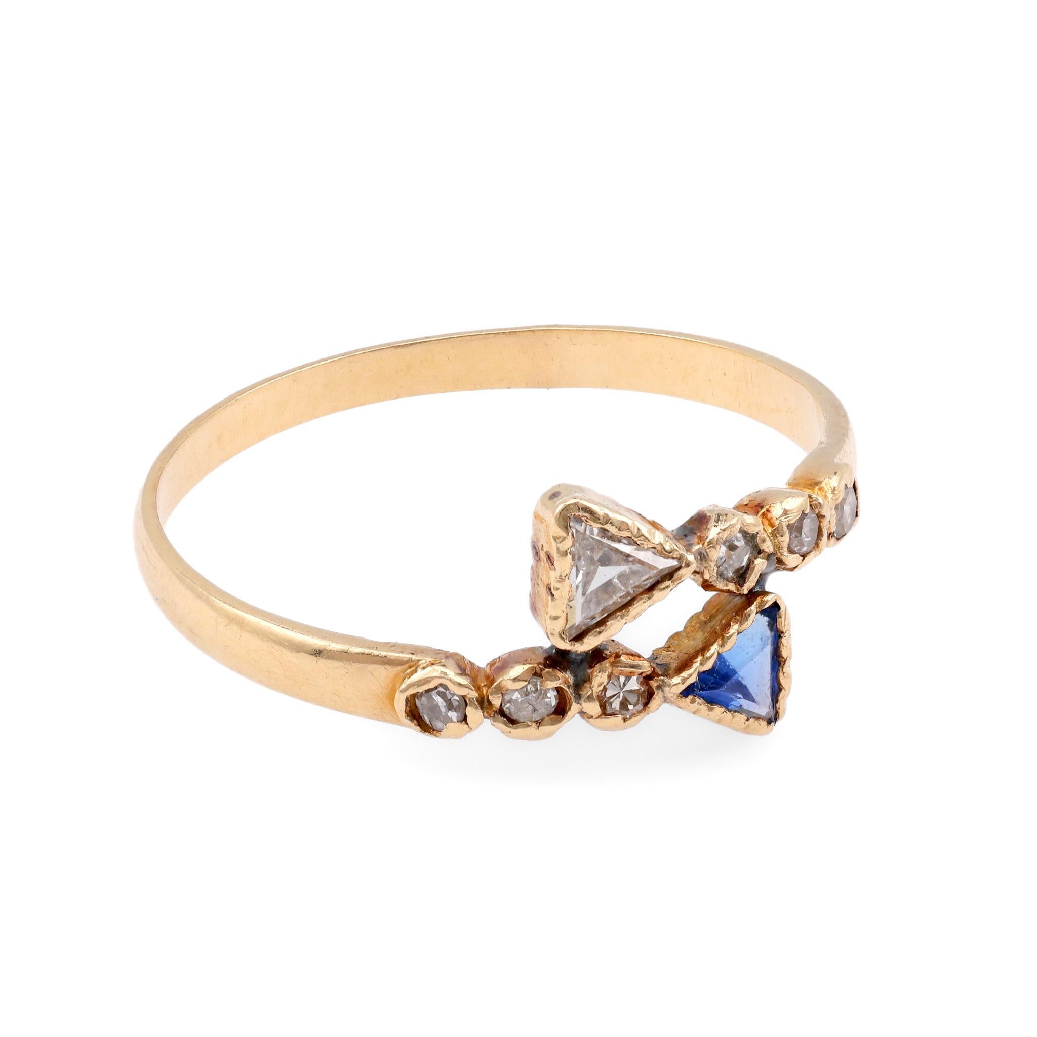 Trillion Cut Vintage French Trillion Diamond Sapphire Yellow Gold Bypass Ring