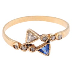 Vintage French Trillion Diamond Sapphire Yellow Gold Bypass Ring