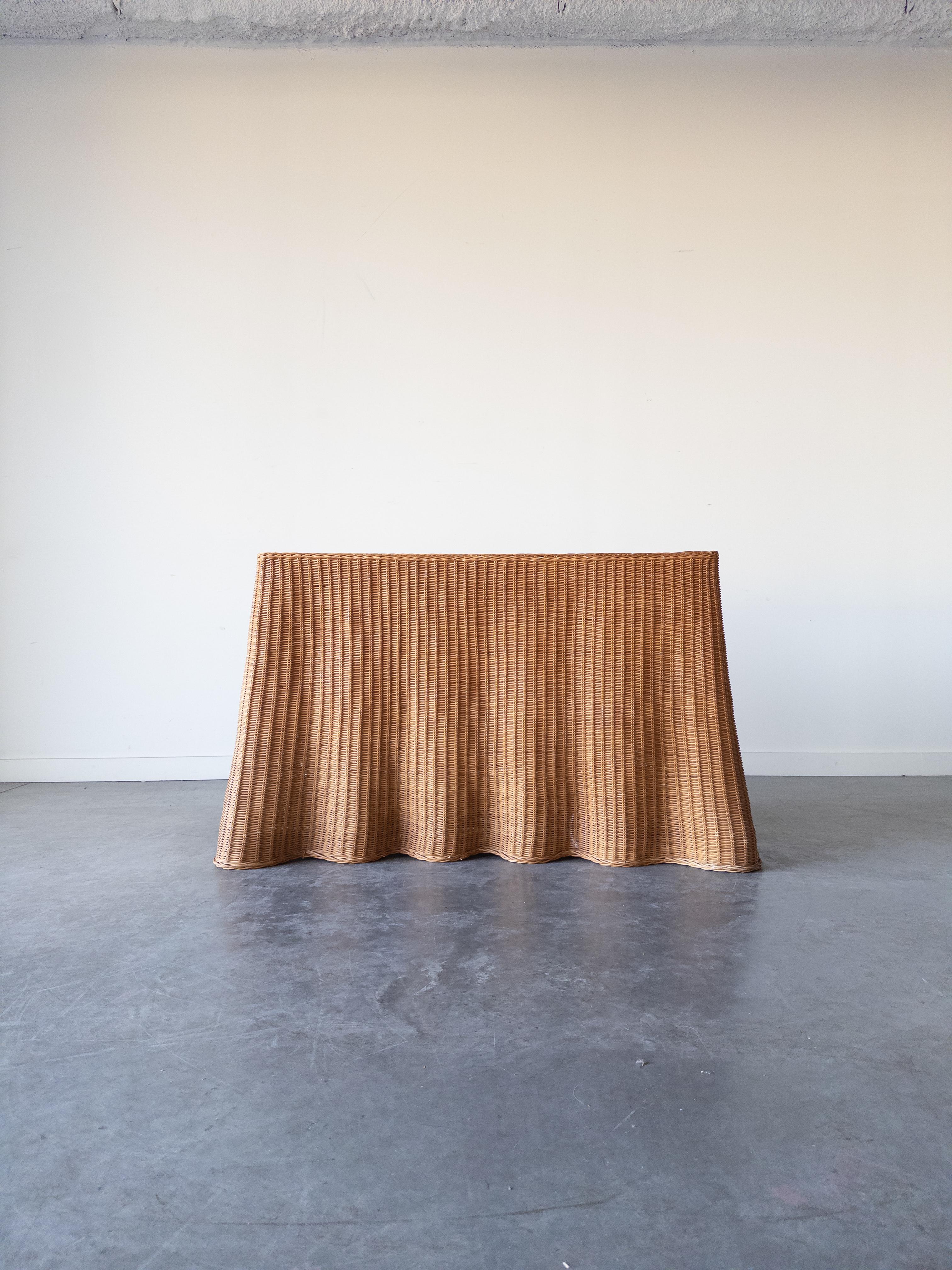 French wicker console table with a billowing drape on the bottom edge, 1960s.