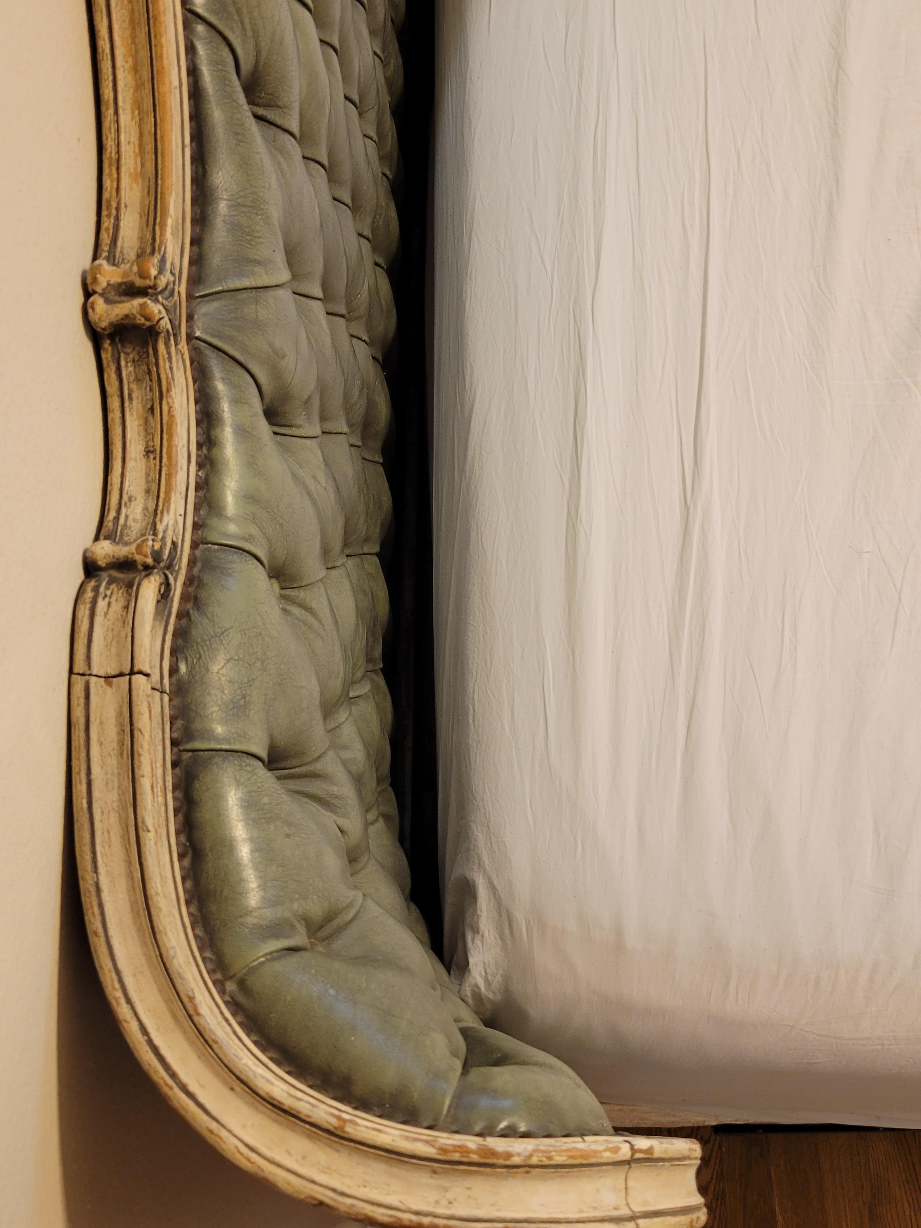 Vintage French Tufted Leather Queen or Full Size Curved Wood Frame Headboard 6