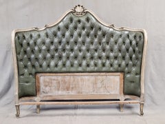 Vintage French Tufted Leather Queen or Full Size Curved Wood Frame Headboard