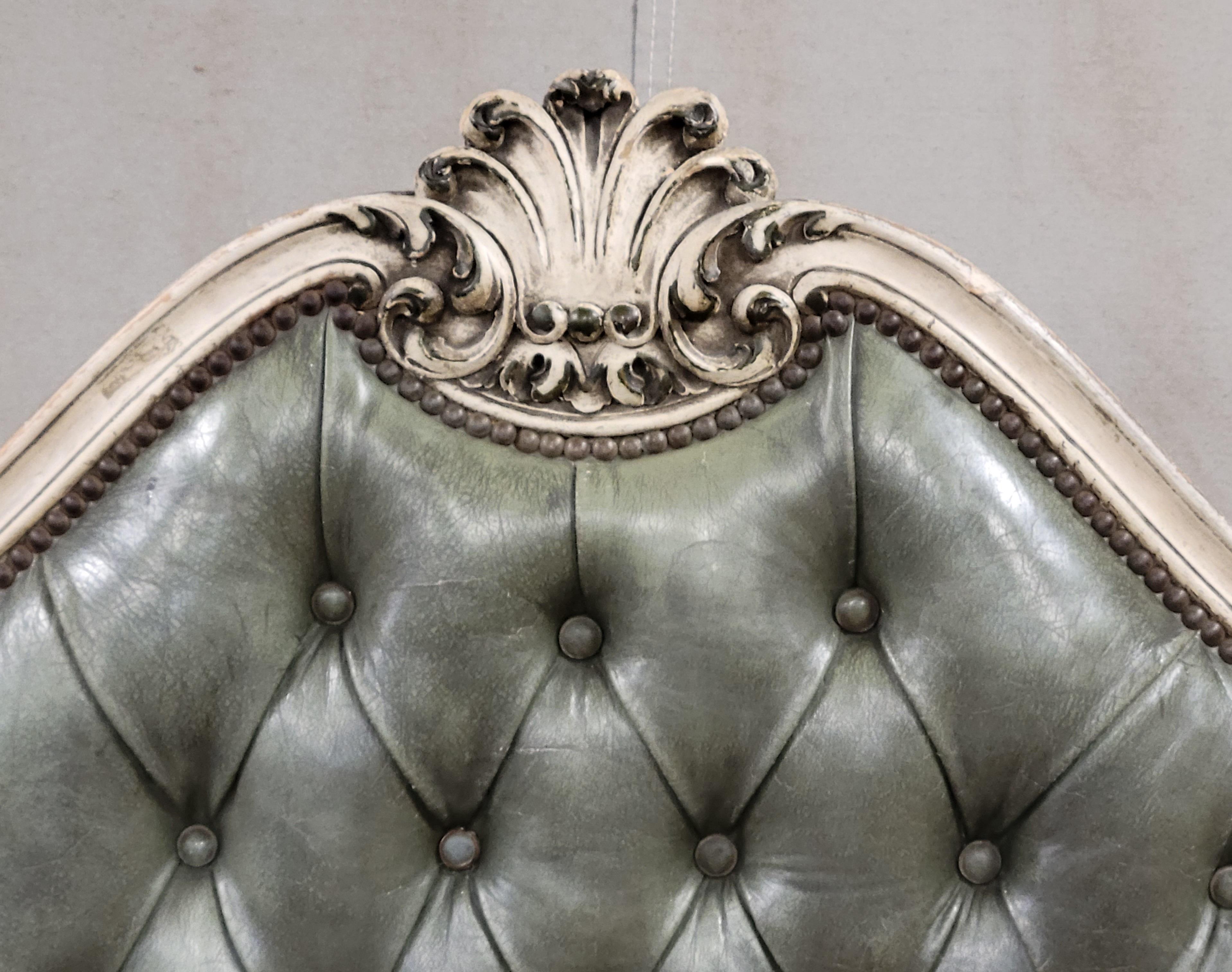 French Provincial Vintage French Tufted Leather Queen or Full Size Curved Wood Frame Headboard