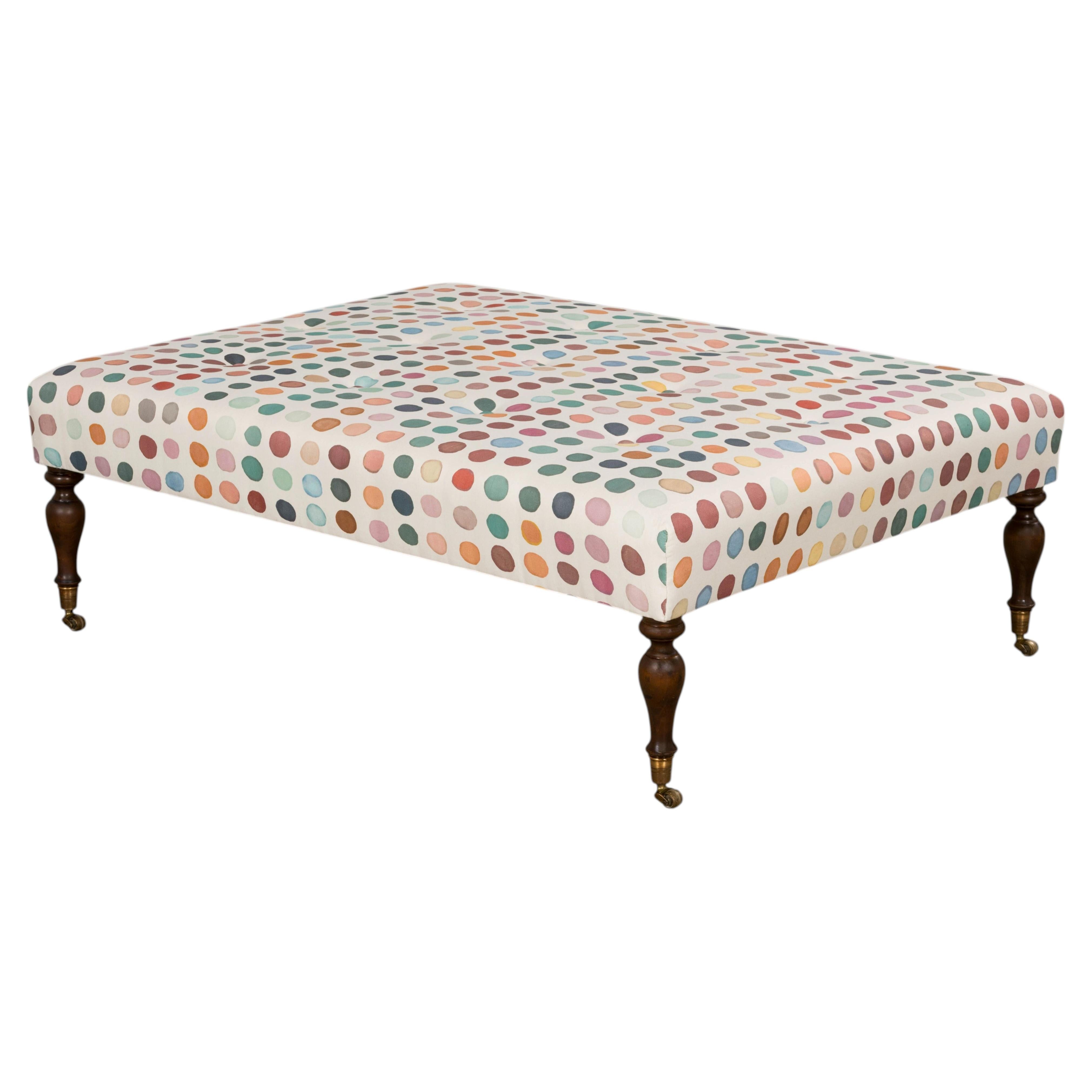 Vintage French Tufted Ottoman in Multicolor Linen Upholstery