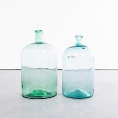 Vintage French Turquoise & Bottle Green Glass Demijohns - Pair