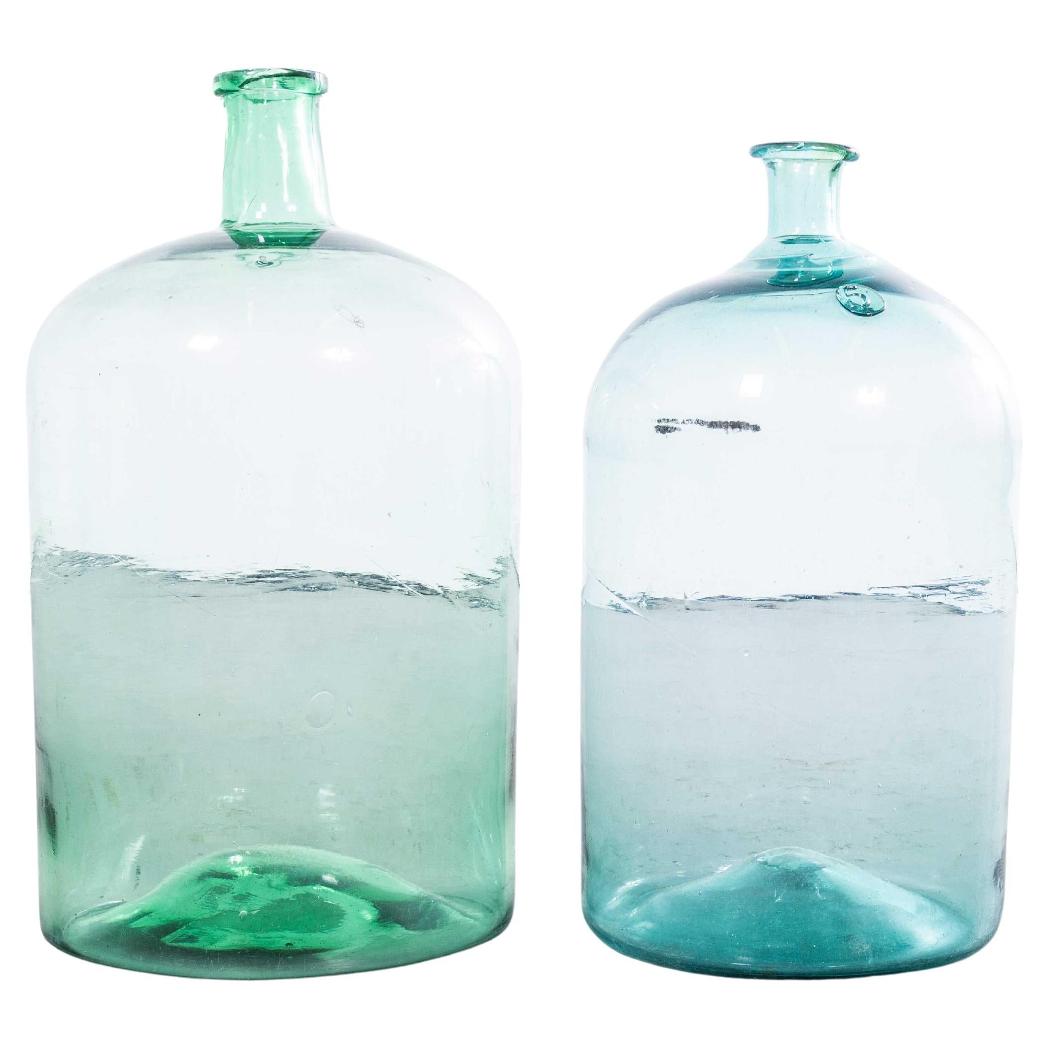 Vintage French Turquoise & Bottle Green Glass Demijohns - Pair