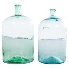 Vintage French Turquoise & Bottle Green Glass Demijohns - Pair