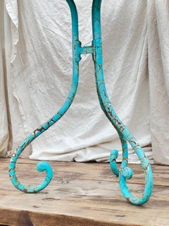 Vintage French Turquoise Patinated Metal Bistro Table with Wrought Iron Base