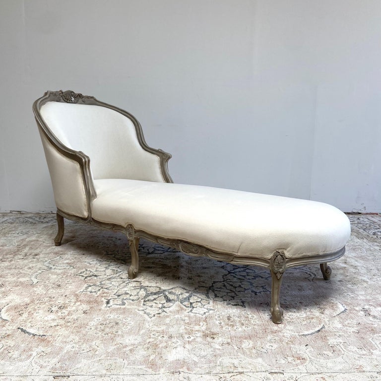 Vintage French Upholstered Chaise Lounge in Gray Finish at 1stDibs